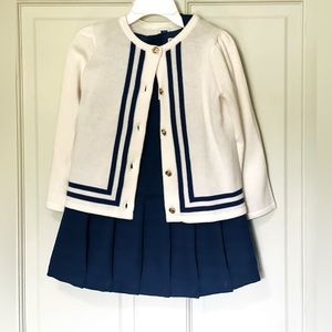 Janie and Jack Navy Drop Waist Bow Dress and White Sweater